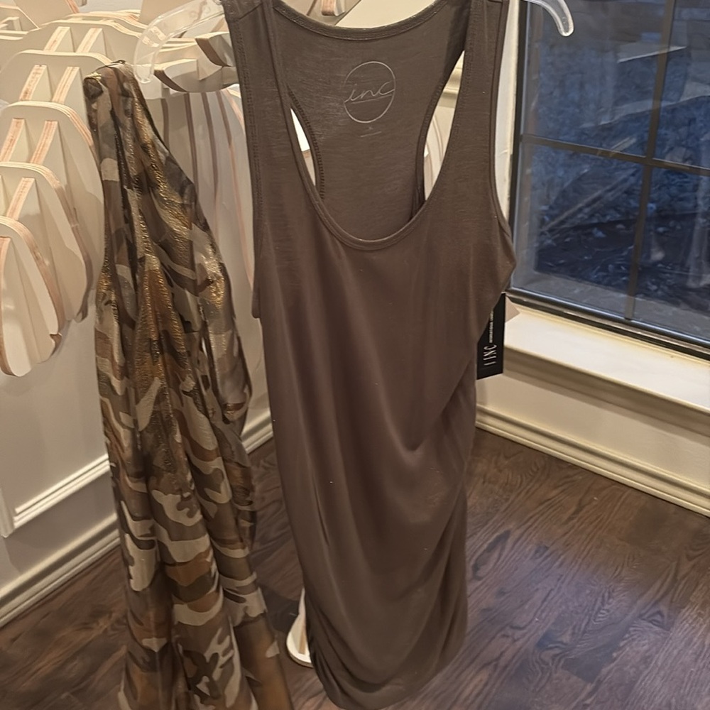 2 tank tops - sheer silk camo and olive modal sz M